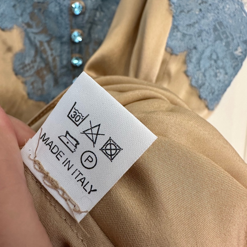 Rosamosario 100% Silk Satin and Chantilly French Lace Camisole Nude and Blue - Picture 7 of 17